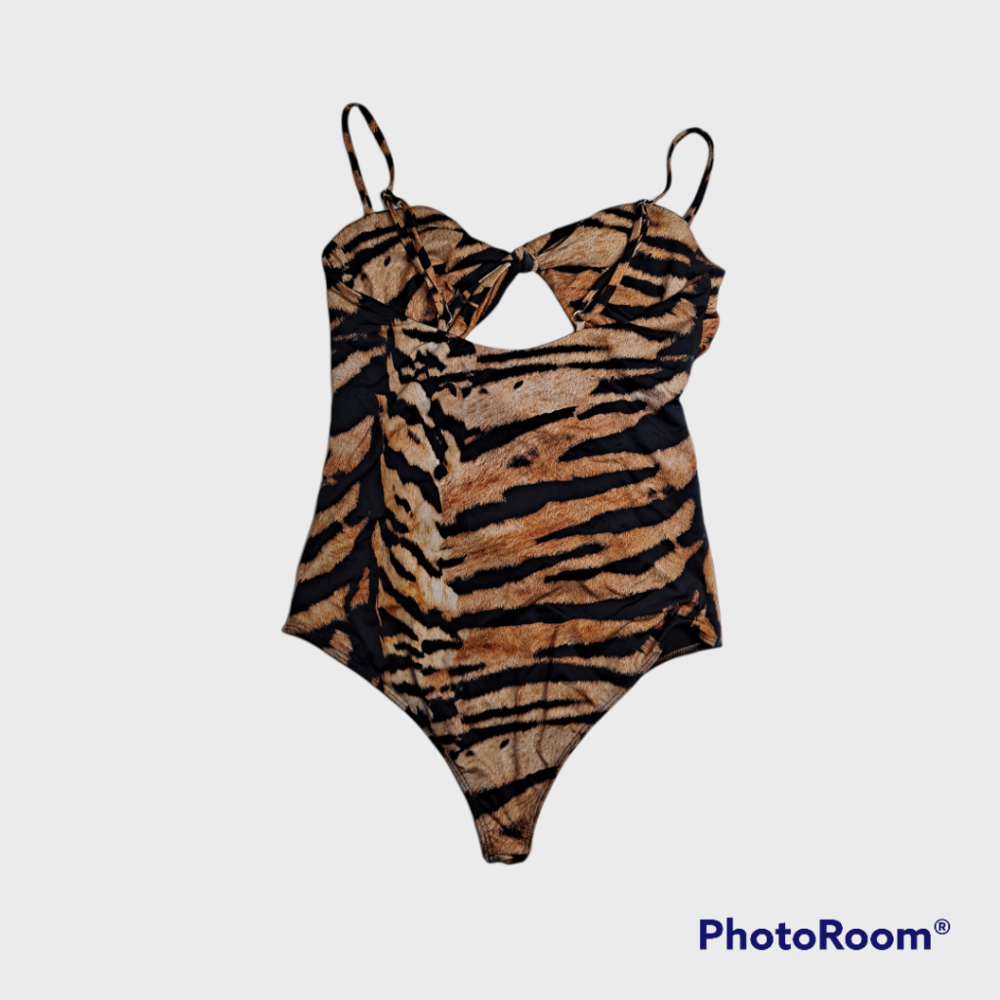 Beach Riot Mia Tiger Stripe Cutout One Puece Swimsuit Black Brown Large - Picture 3 of 5